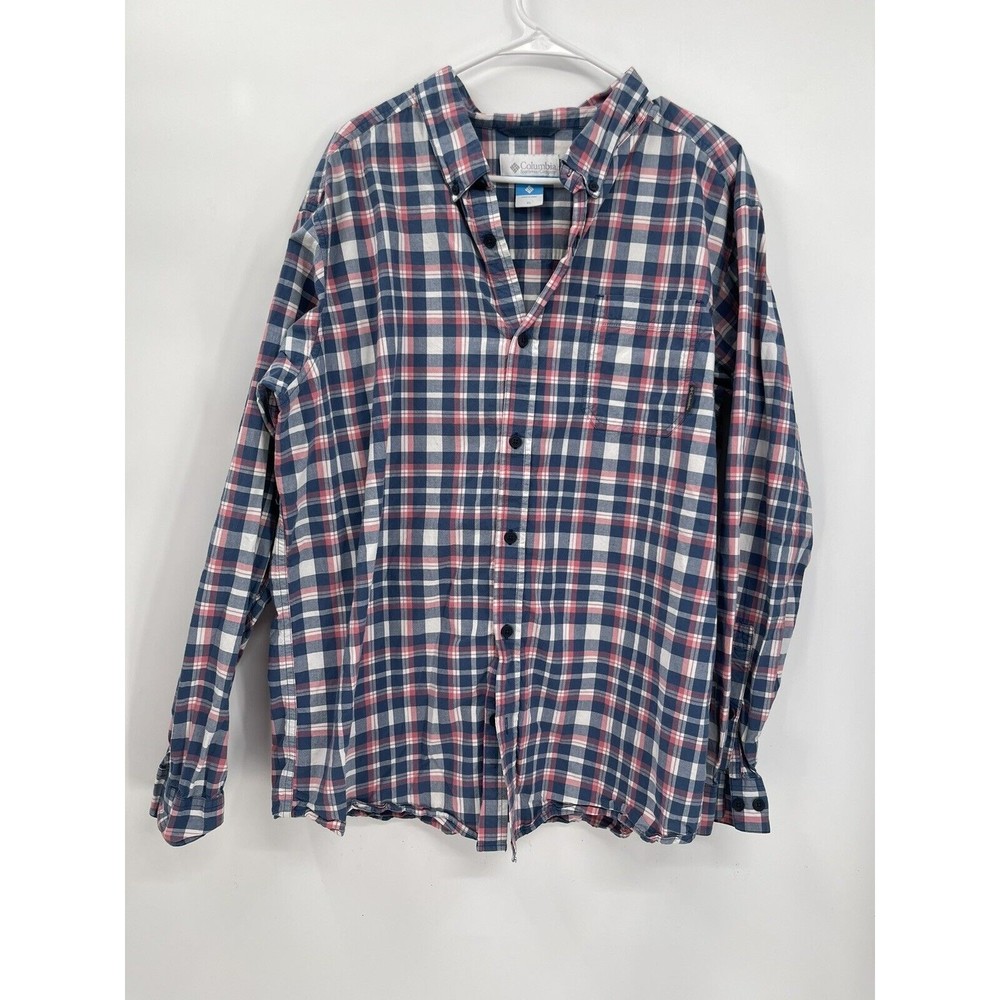 Columbia Mens Plaid Long Sleeve Button Down Shirt Blue Red White Size XL‎